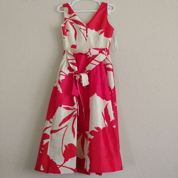 Donna Karan Red Fit & Flare Dress Cream Floral Midi Romantic Capsule 2 - Picture 5 of 8
